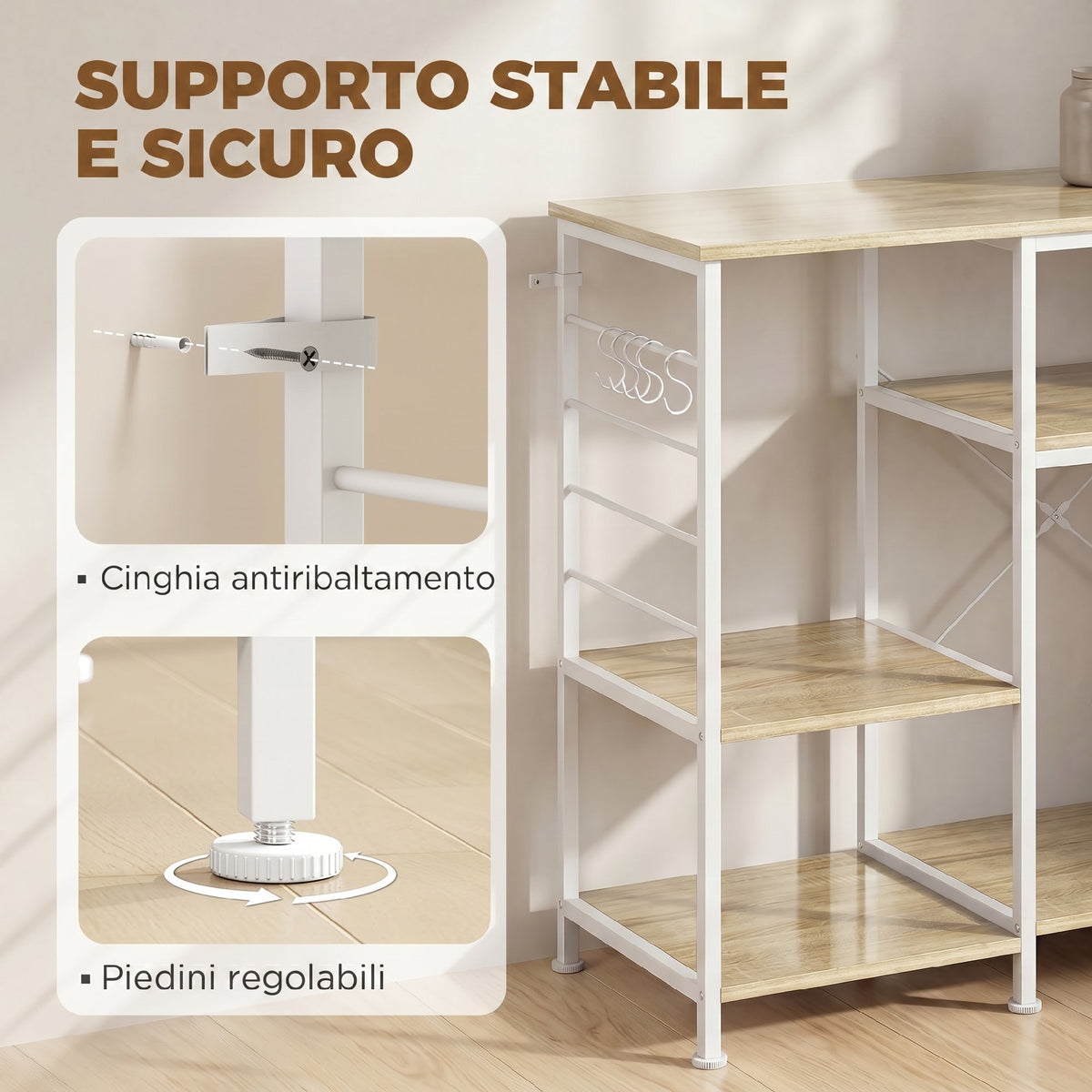Scaffale Cucina con Ripiani in Legno e Metallo con 5 Ganci, Salvaspazio, 90x39x83.5 cm, Rovere