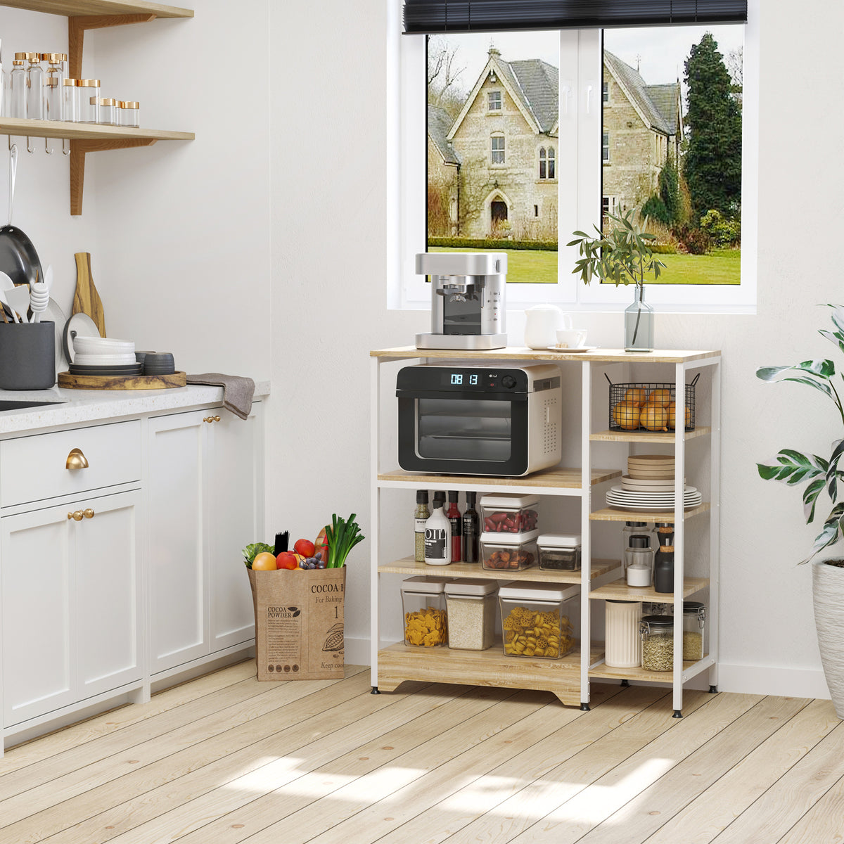 Scaffale da Cucina Basso Salvaspazio Stile Industriale, Mobiletto con 7 Ripiani per Cucina in Metallo e Legno, 90x40x95cm, Bianco