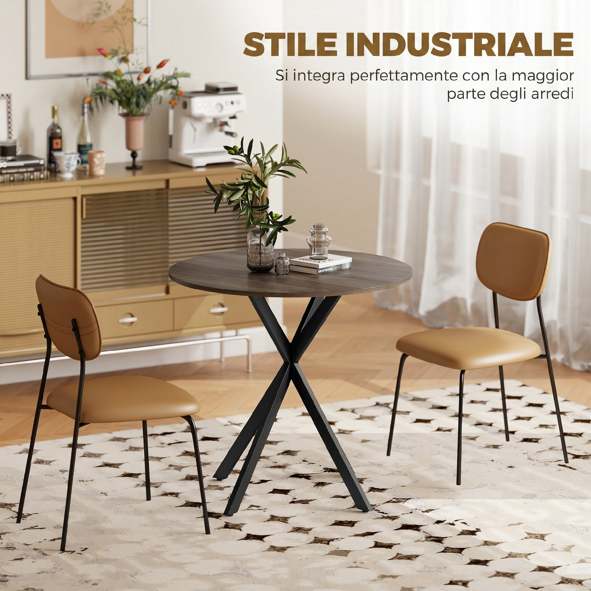 Tavolo da Pranzo Rotondo Stile Industriale con Gambe a Croce in Acciaio, 80x75 cm, Marrone