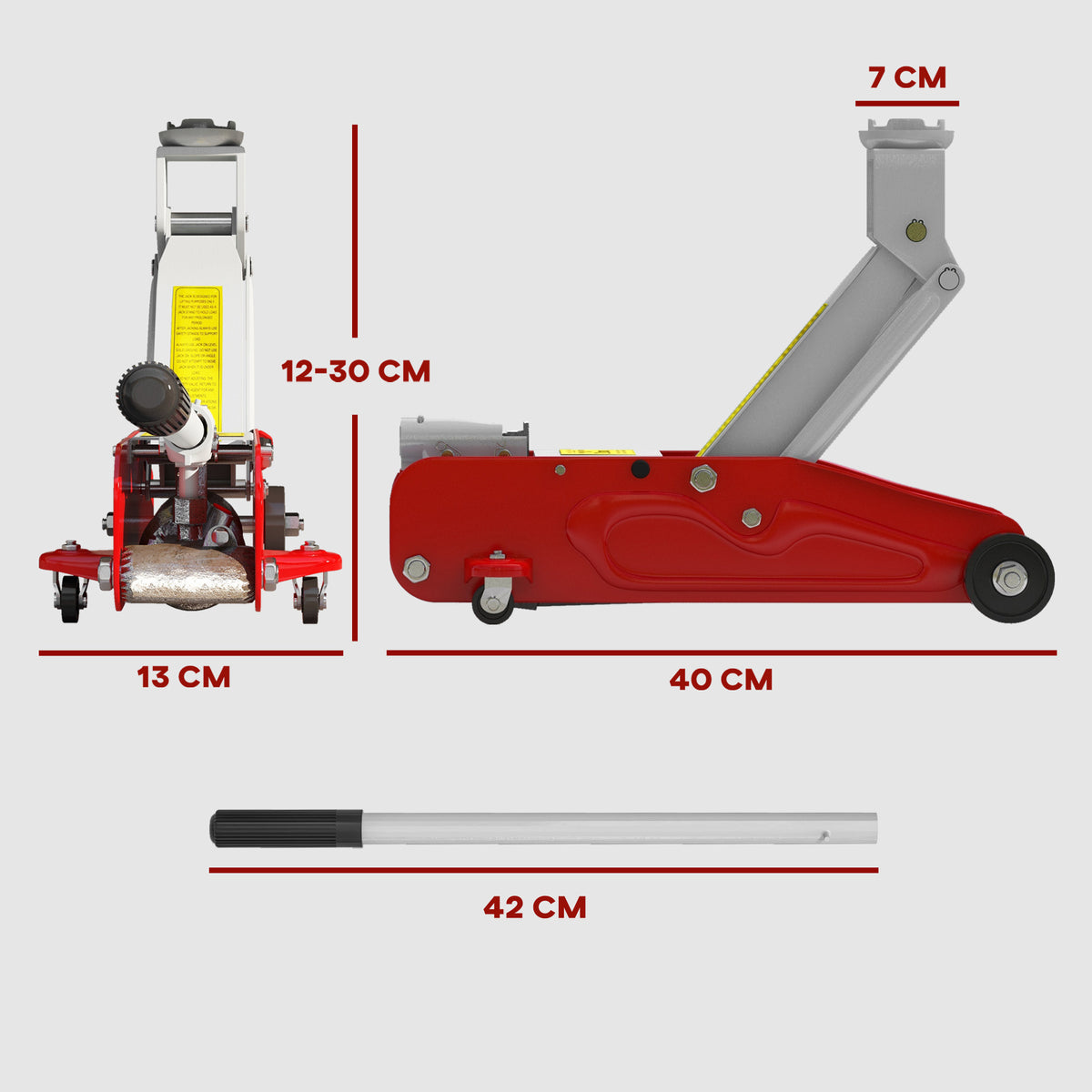 Cric Idraulico con Sollevamento 12-30 cm e Capacità 2 Tonnellate, in Acciaio Rinforzato, Rosso e Grigio