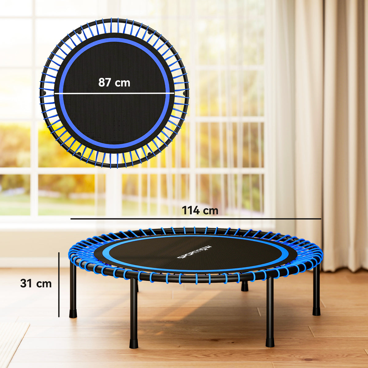 Trampolino Elastico Fitness a 36 Corde in Acciaio e PP, 114x31 cm, Blu