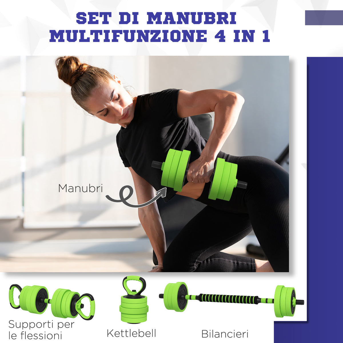 Pesi da Palestra Set 4 in 1 da 40kg totali, utilizzabile come Kettlebell, Manubri e Bilancieri