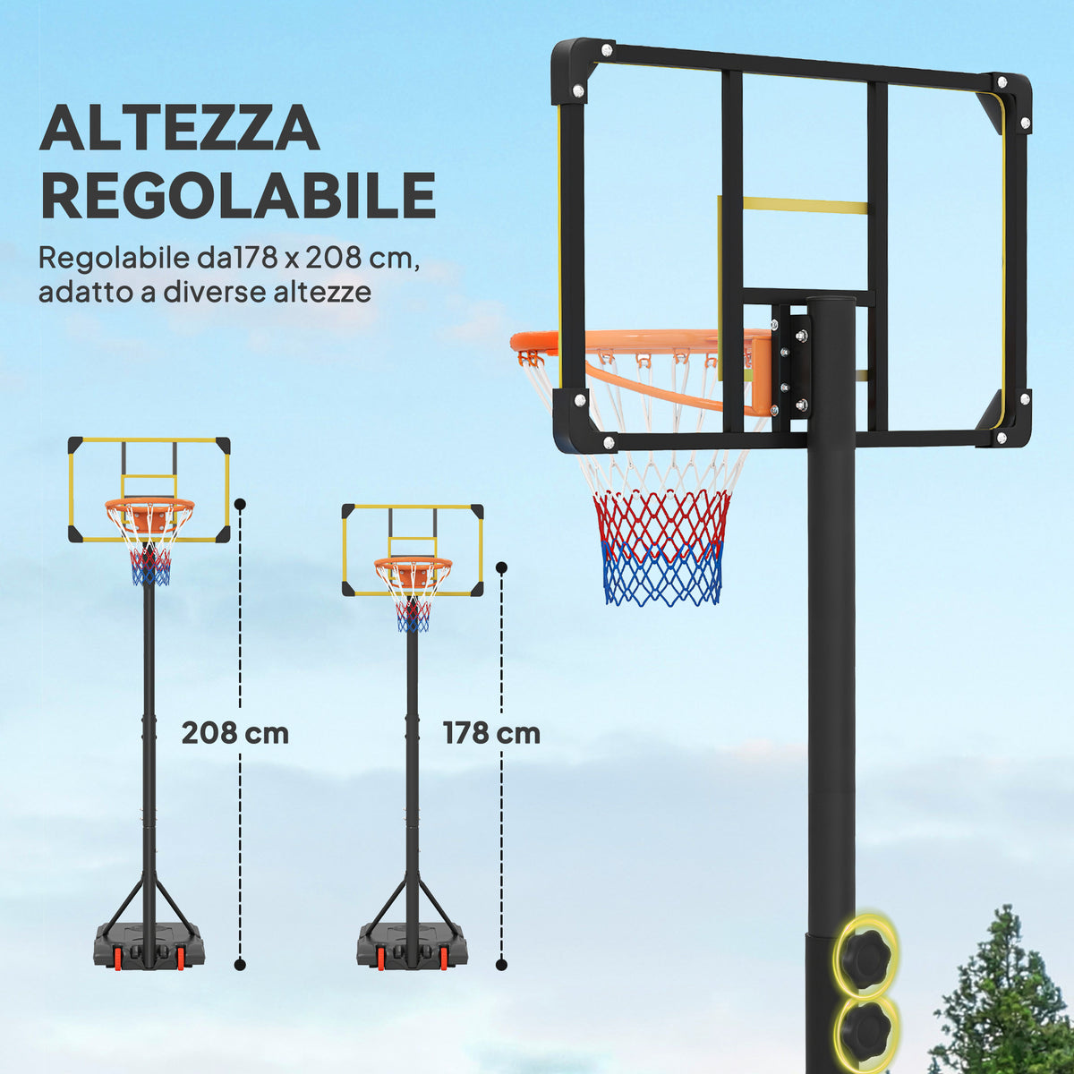 Canestro Basket per Adulti, Altezza Regolabile 2.1-2.4 m, Ruote e Base Riempibile, Giallo