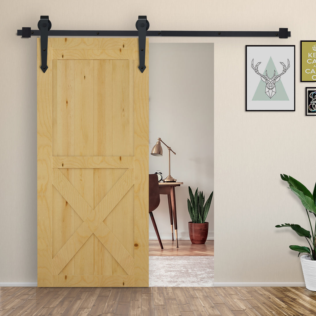 Kit per Porta Scorrevole in Stile Rustico con Binario 200cm e Rotelle, Nero