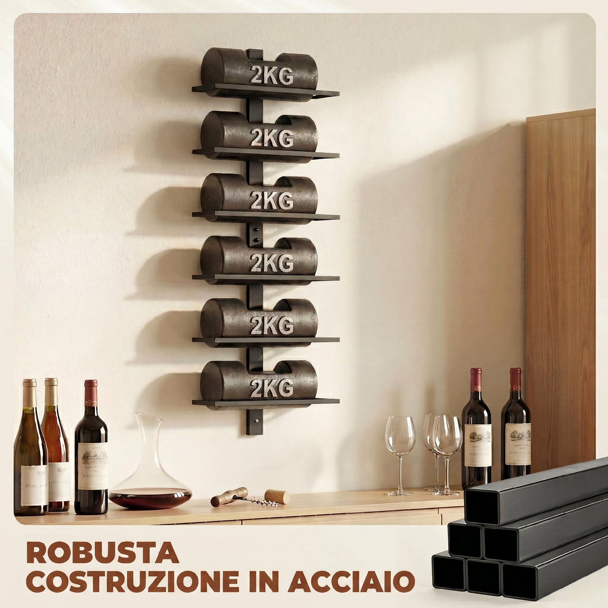Portabottiglie da Parete in Acciaio per 6 Bottiglie di Vino, Cucina e Sala, 27x10x71 cm, Nero