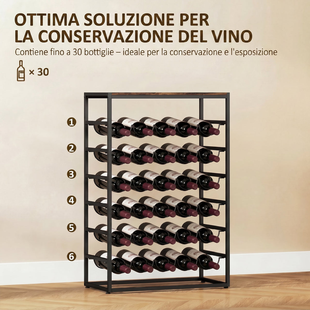 Portabottiglie da Terra per 30 Bottiglie con 6 Ripiani, Stile Industriale, Marrone Rustico