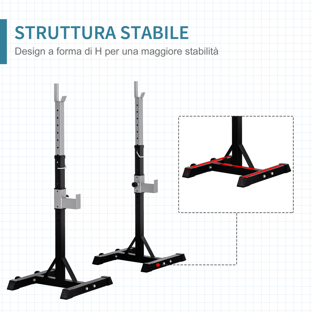Set 2 Rack Porta Bilanciere in Acciaio, 2 Ganci con Altezza Regolabile, Capacità 150kg, 55x57x105-170cm, Nero
