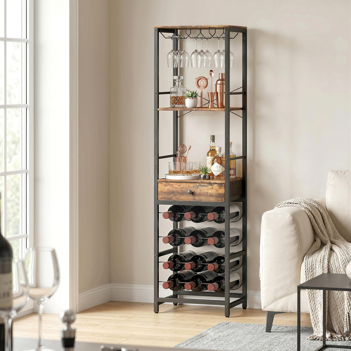 Mobile Bar, Mobile da Bar con Cassetto, Portabicchieri, Marrone Rustico