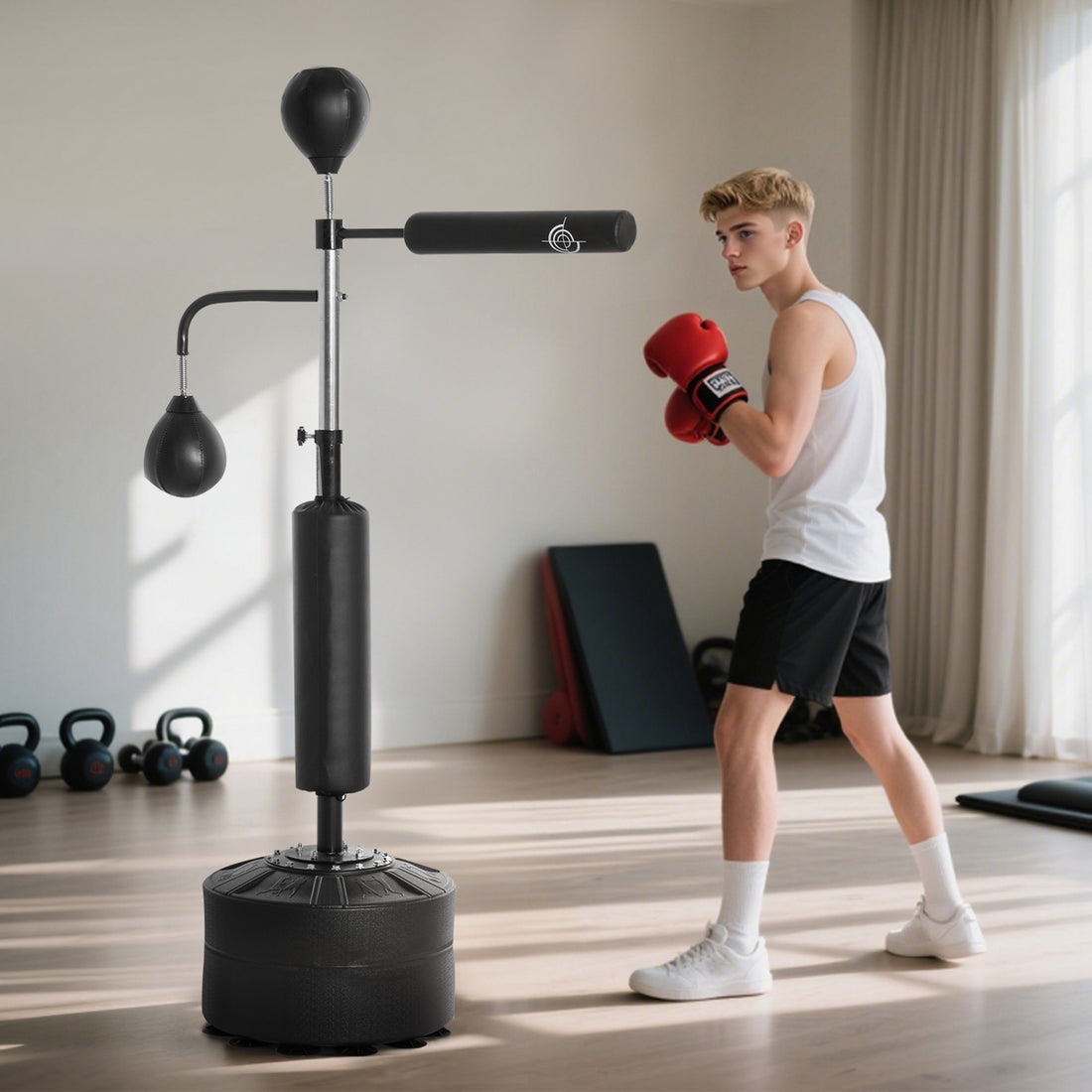 Sacco Boxe da Terra 4 in 1 con 2 Speedball, Barra Girevole e Sacco, Altezza Regolabile da 160-230cm, Nero