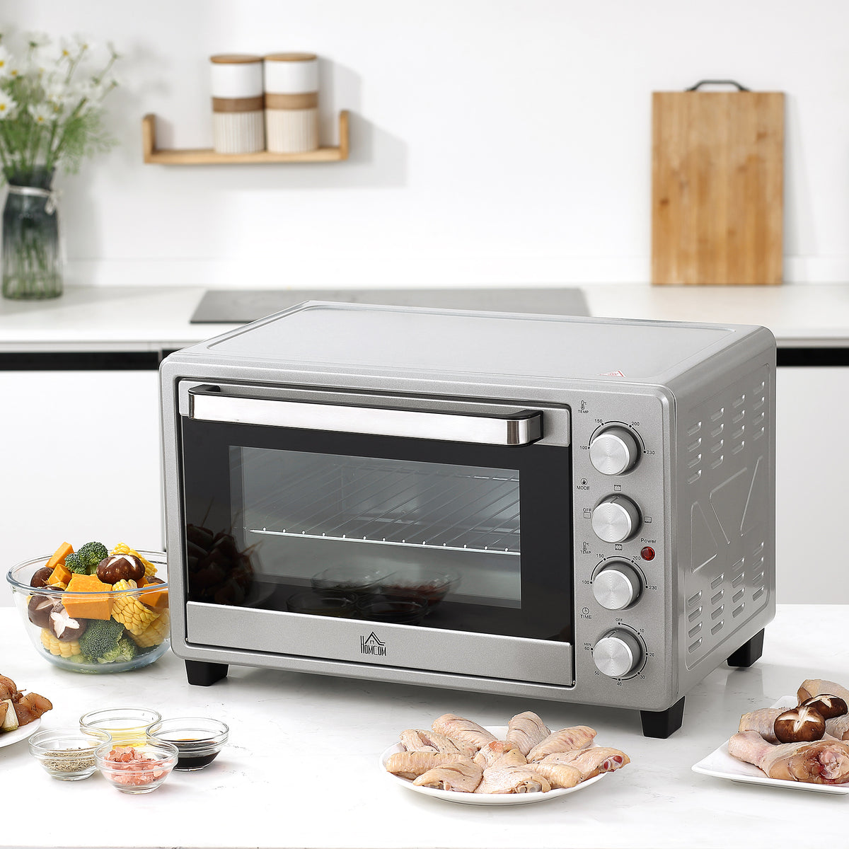 Fornetto Elettrico da 32L Regolazione Temperatura e Timer, 3 Modalità di Cottura e Accessori, Argento