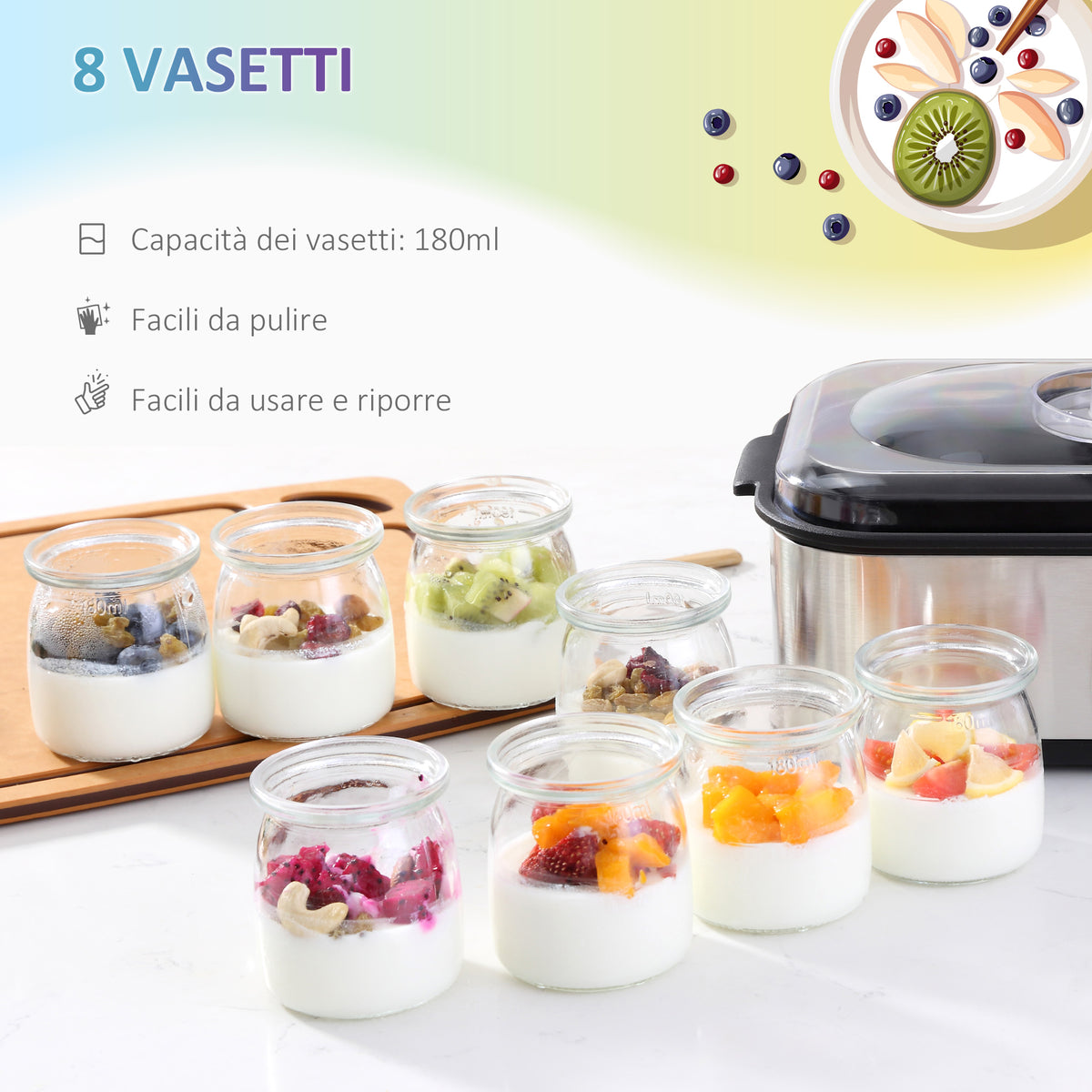 Yogurtiera Elettrica 25W con 8 Vasetti Inclusi, Timer 1-48 Ore e Temperatura Regolabile 20-50C, 36x18.8x14cm, Argento