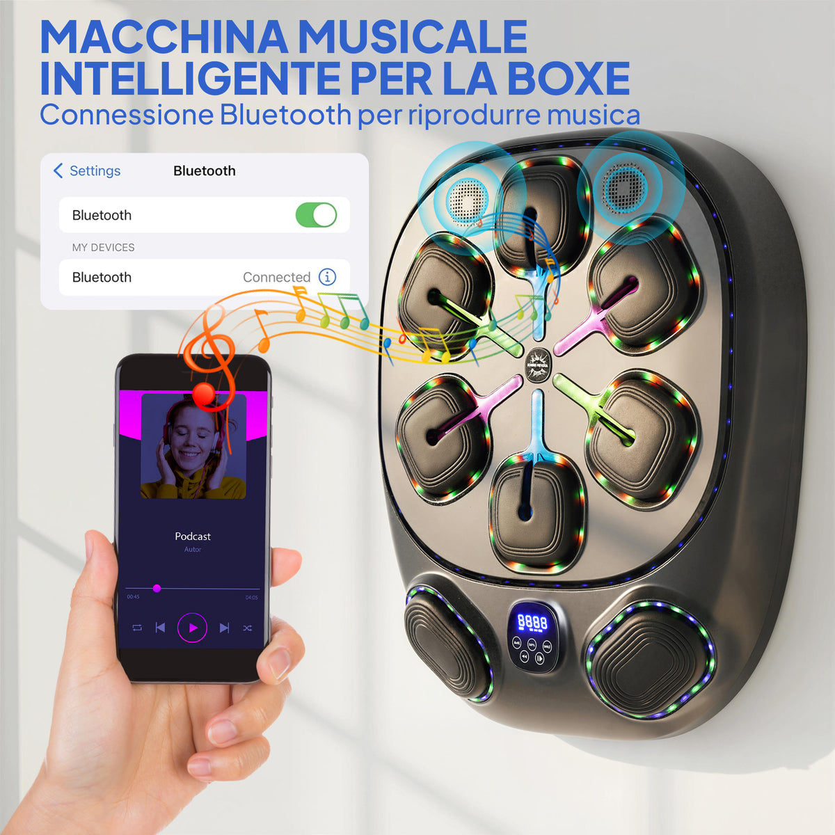 Macchina da Boxe Musicale a Parete con 9 Modalità, Luci LED e Connessione Bluetooth, 61x48x11 cm, Nero