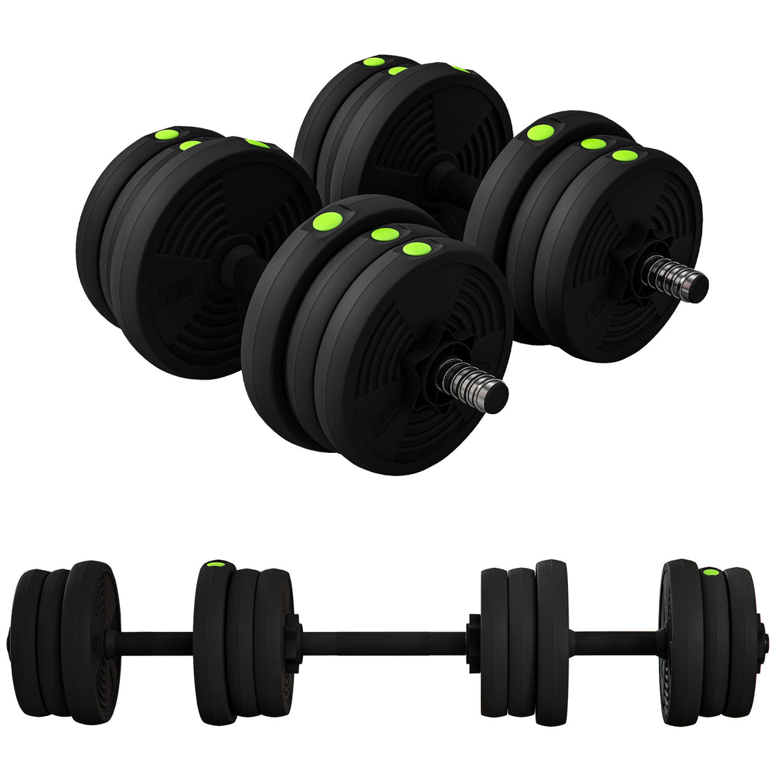 Set 2 in 1 con 2 Manubri Convertibili in Bilanciere, Peso Totale 20 kg e Dischi Pesi Regolabili, Nero