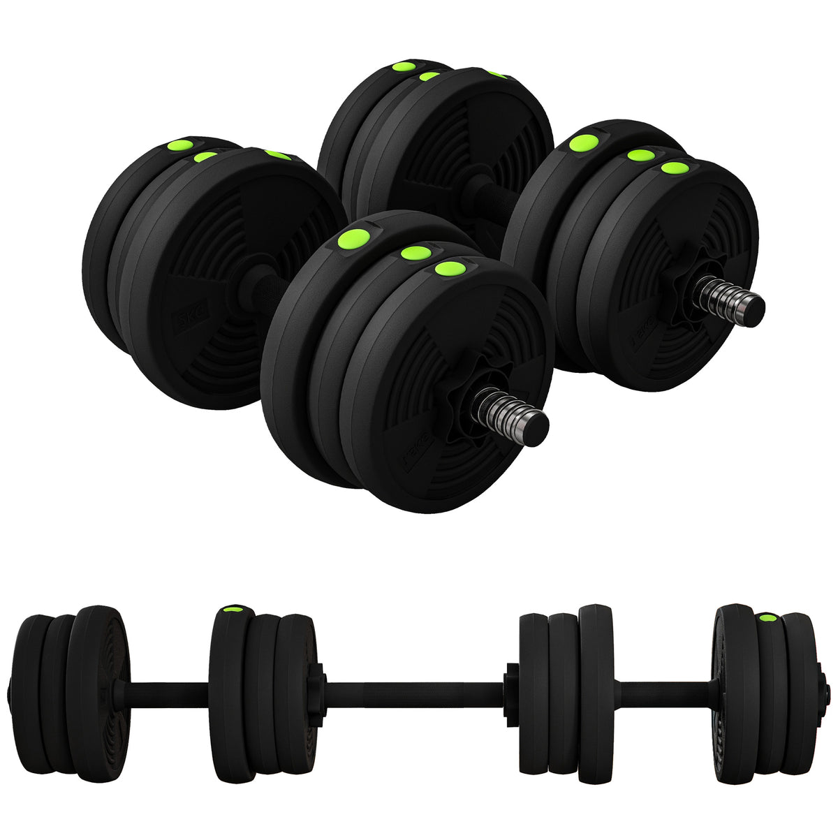 Set 2 in 1 con 2 Manubri Convertibili in Bilanciere, Peso Totale 20 kg e Dischi Pesi Regolabili, Nero