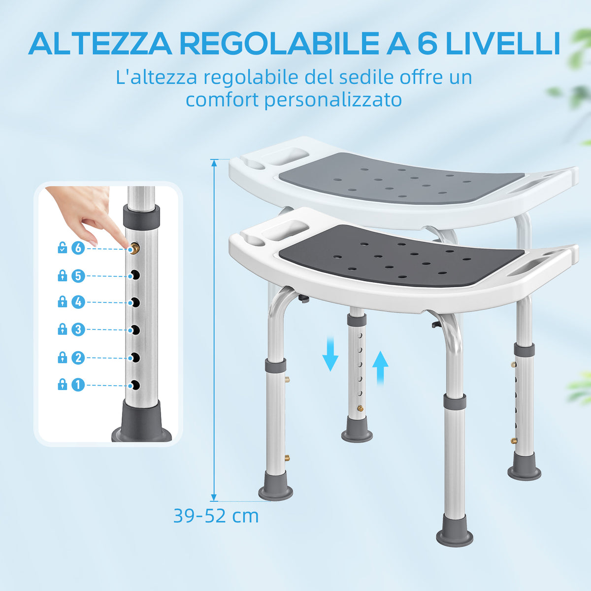 Sgabello da Doccia in Lega di Alluminio e Plastica Antiscivolo, Altezza Regolabile 6 Livelli 39-52cm, Grigio