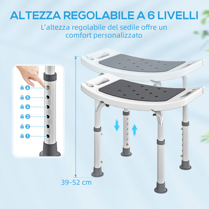 Sgabello da Doccia in Lega di Alluminio e Plastica Antiscivolo, Altezza Regolabile 6 Livelli 39-52cm, Grigio