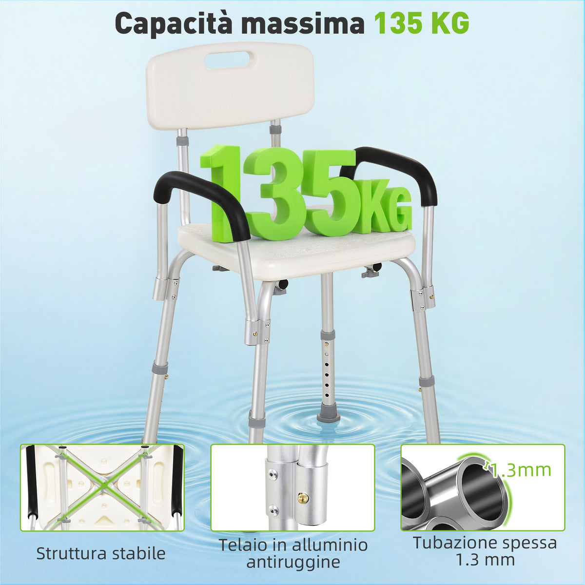 Sedia da Doccia in HDPE a 6 Altezze Regolabili con Schienale e Braccioli, 47x50x74-87 cm, Bianco e Argento