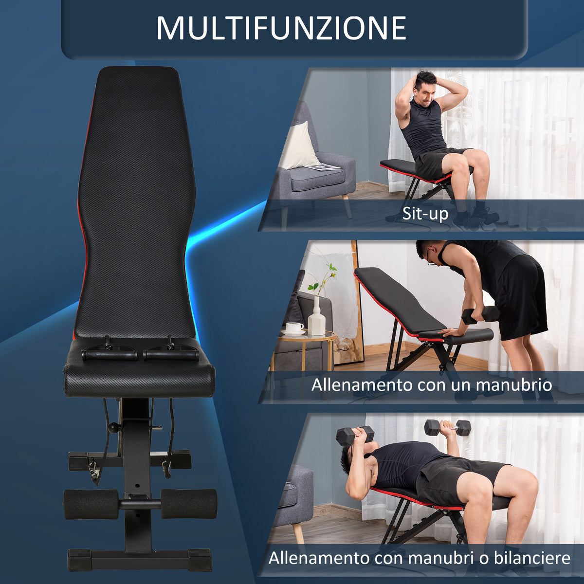 Panca Multifunzione per Addominali e Pesi, Inclinazione Regolabile ed Elastici, 130x48x48-109cm, Nero