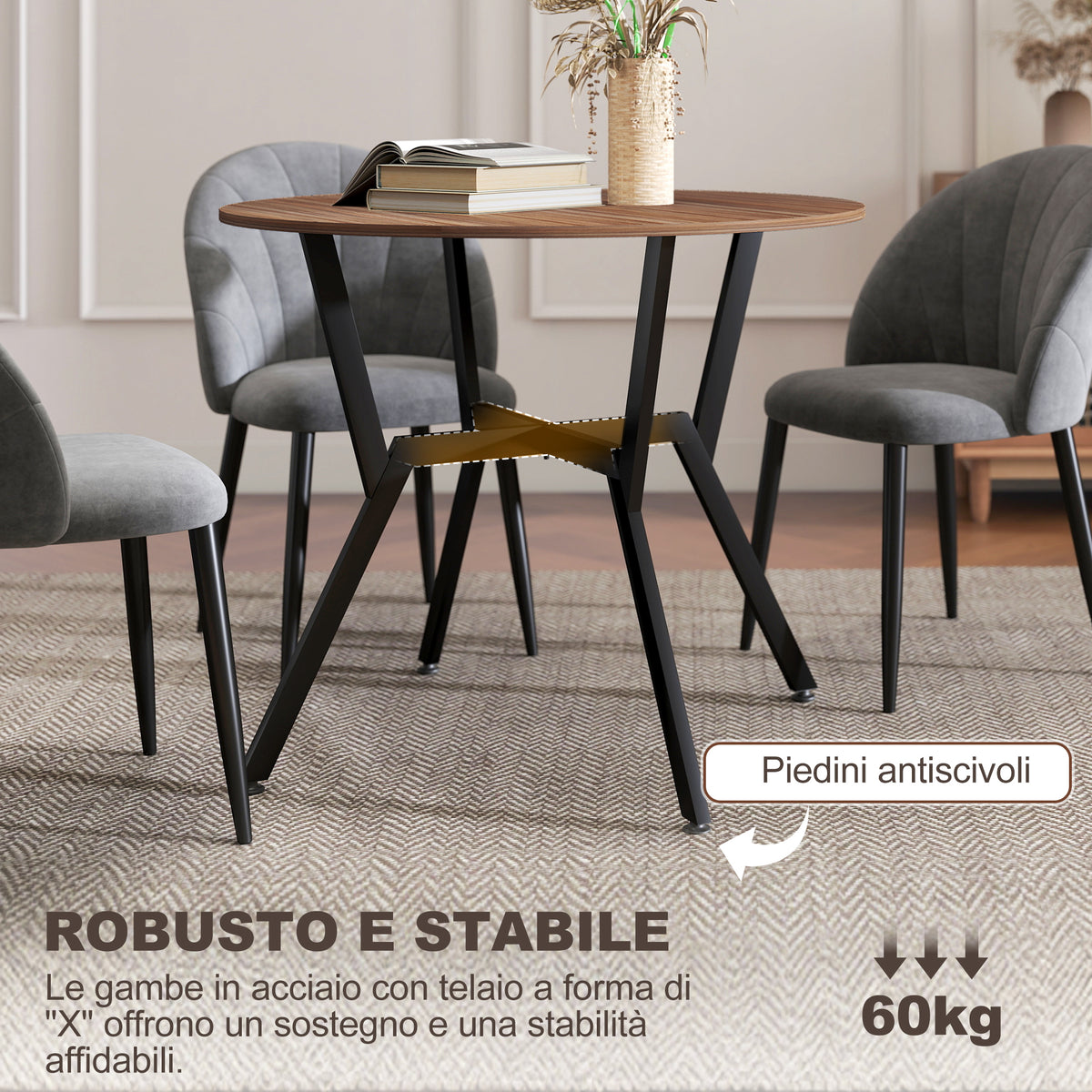 Tavolo Rotondo da Soggiorno per 2 Persone con Sostegno a X, in Legno e Acciaio, 90x76 cm, Nero e Marrone