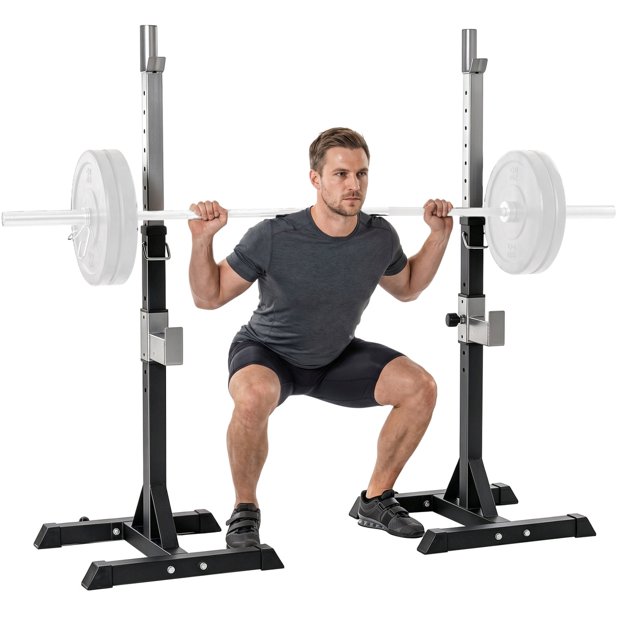 Set 2 Rack Porta Bilanciere in Acciaio, 2 Ganci con Altezza Regolabile, Capacità 150kg, 55x57x105-170cm, Nero