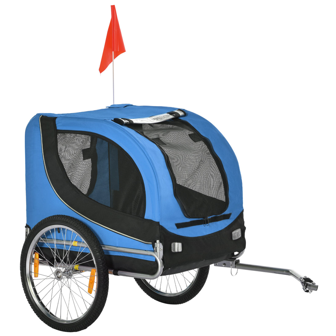 Rimorchio Bici per Cani Taglia Media con Punto di Attacco, Finestre Laterali e Bandierina, Rimorchio per Bici in Acciaio e Tessuto Oxford, 130x73x90 cm, Blu e Nero
