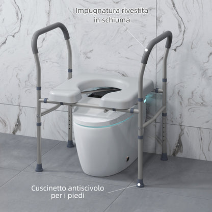 Sedia Comoda WC per Anziani e Disabili 4 in 1 Regolabile in Altezza con Braccioli Imbottiti, Grigio
