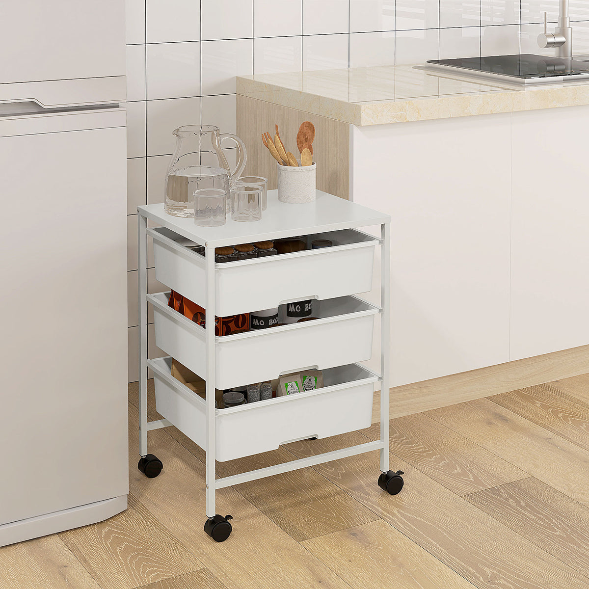 Carrello Multiuso con 3 Cestini Estraibili e Ruote per Cucina e Ufficio in Acciaio e PP, Bianco