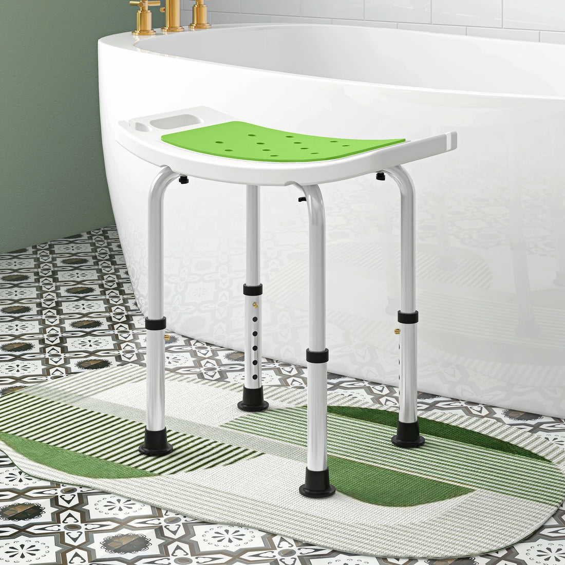 Sgabello da Doccia in Lega di Alluminio e Plastica Antiscivolo, Altezza Regolabile 6 Livelli 39-52cm, Verde
