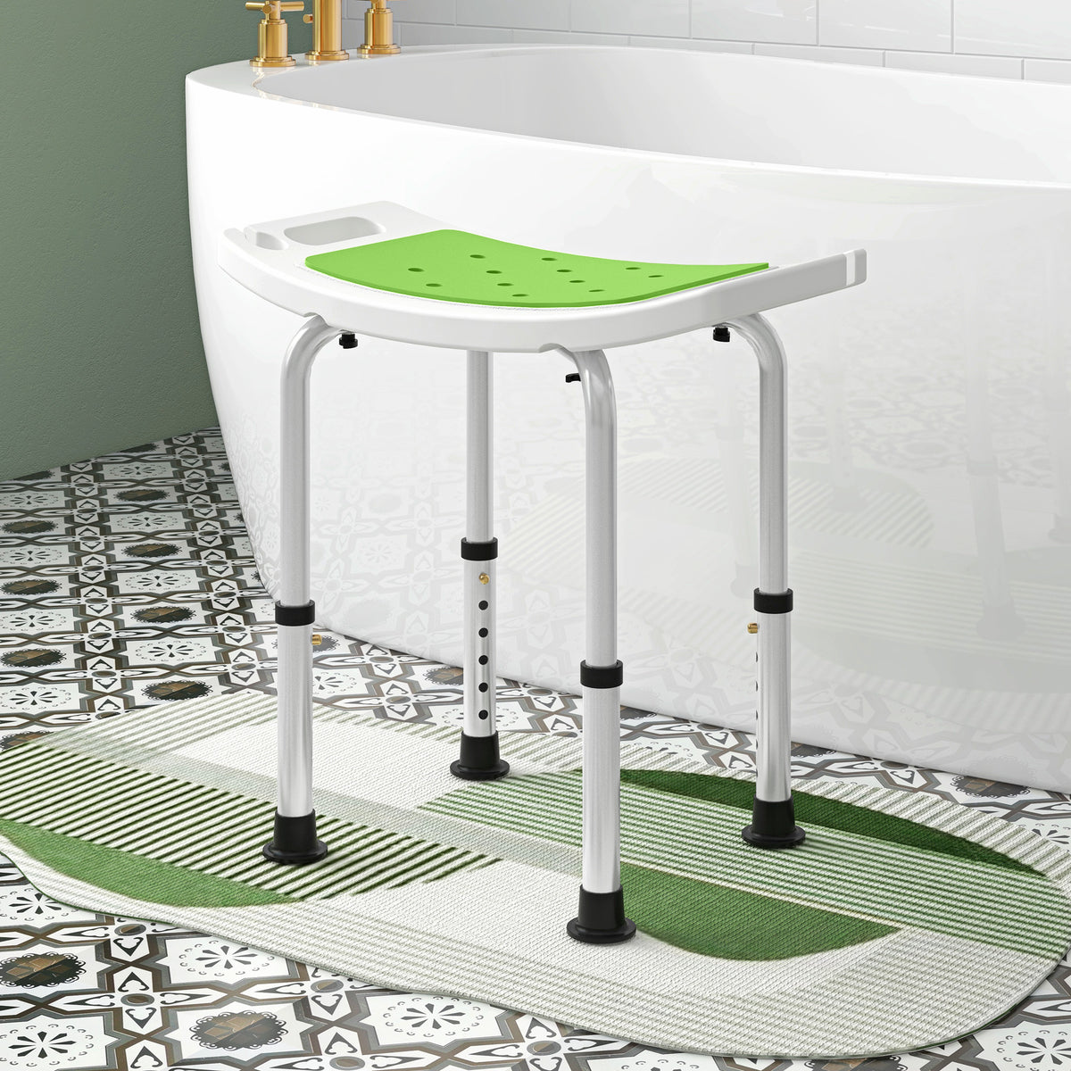 Sgabello da Doccia in Lega di Alluminio e Plastica Antiscivolo, Altezza Regolabile 6 Livelli 39-52cm, Verde