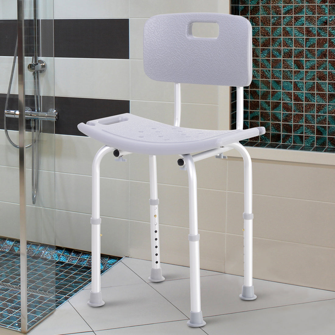 Sedia da Doccia per Bagno in Alluminio e Plastica Altezza Regolabile 8 Livelli 71-88cm Piedini Antiscivolo