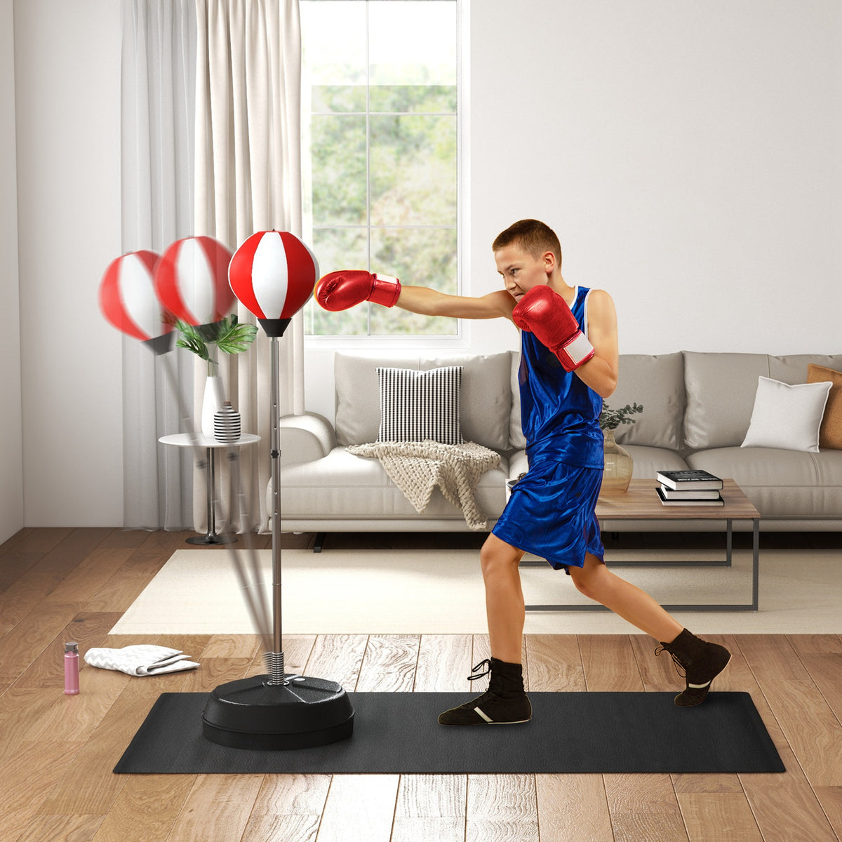 Punching Ball da Terra ad Altezza Regolabile con Guantoni e Base Riempibile, 43x43x126-144 cm, Rosso e Bianco