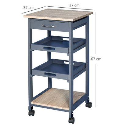 Carrello da Cucina con Cassetto, 2 Vassoi Estraibili e Ripiano Fisso, in Legno di Pino e MDF, 37x37x76 cm