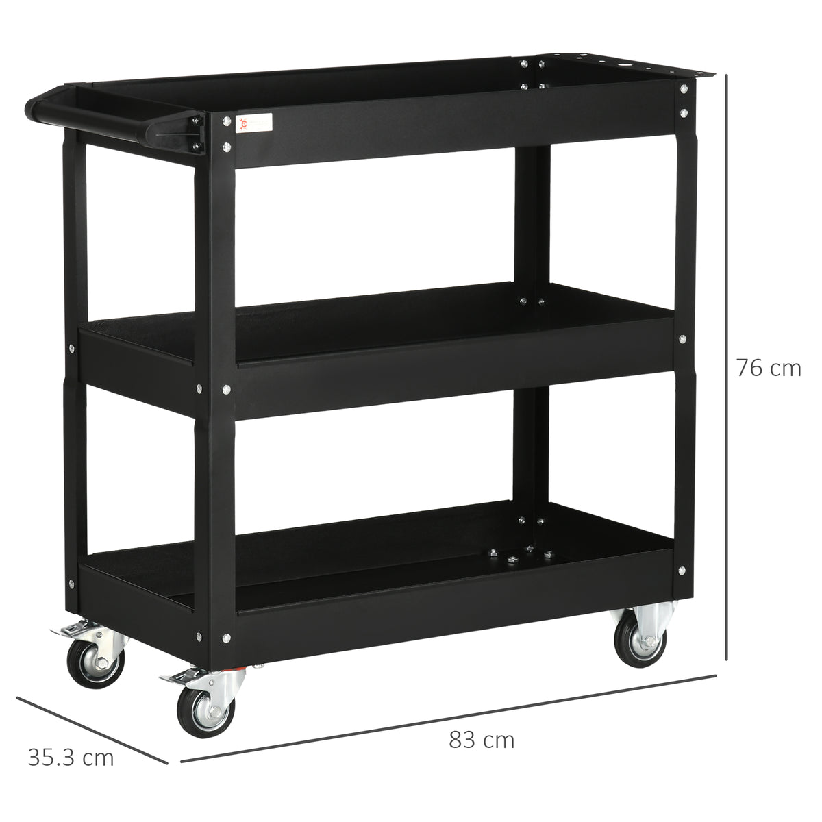 Carrello Porta Attrezzi a 3 Livelli in Acciaio con Bordi Alti e 4 Ruote Girevoli, 83x35.3x76 cm, Nero