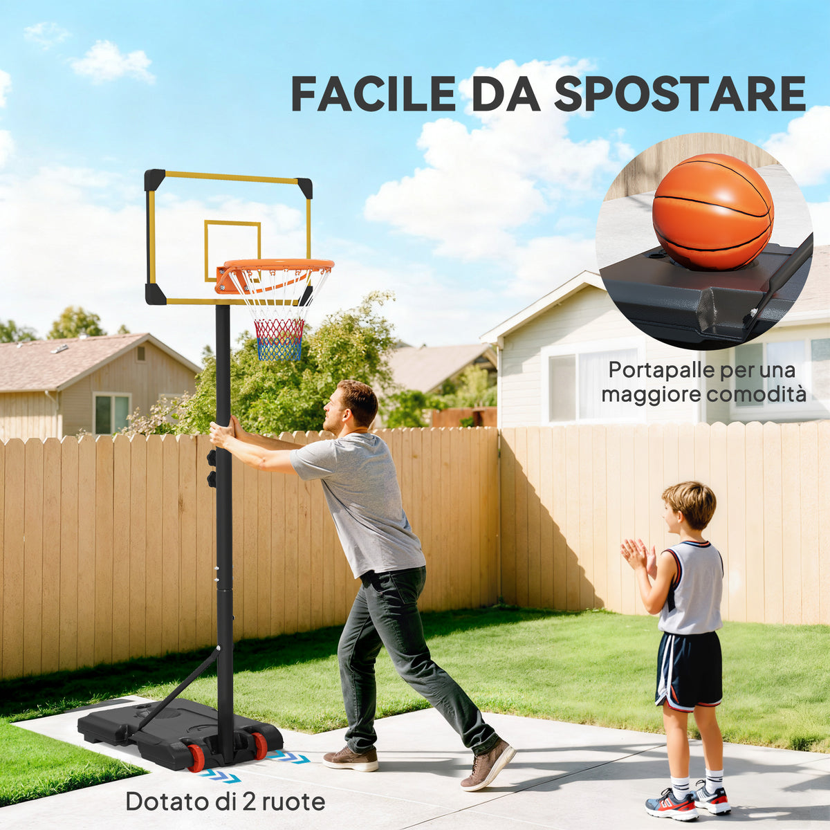 Canestro Basket per Adulti, Altezza Regolabile 2.1-2.4 m, Ruote e Base Riempibile, Giallo