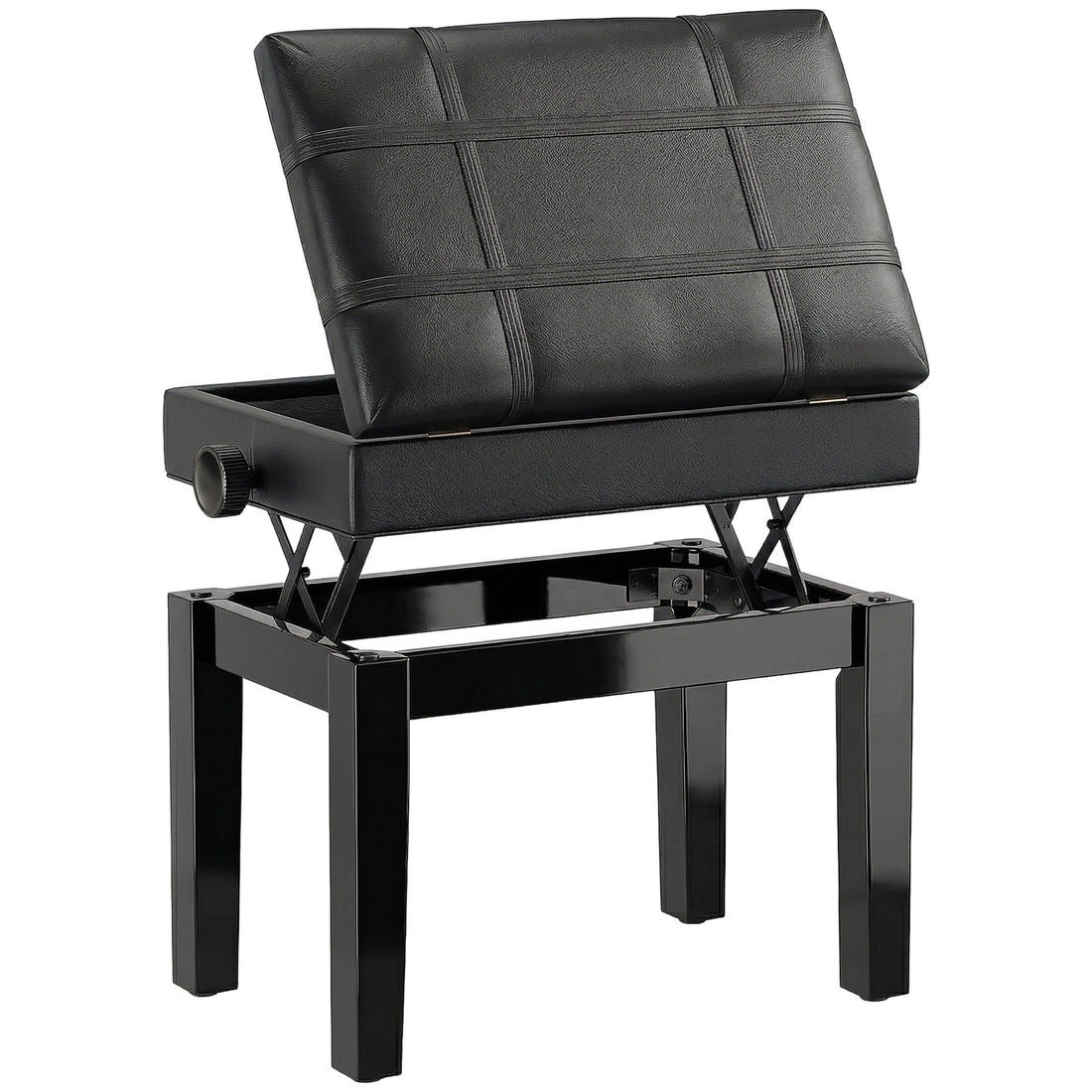 Sgabello per Pianoforte con Altezza Regolabile e Contenitore in Legno e Finta Pelle, 63x35x46-56cm, Nero