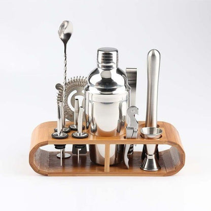 Shaker à cocktail en acier inoxydable avec support en bois pour fêtes à domicile et bars