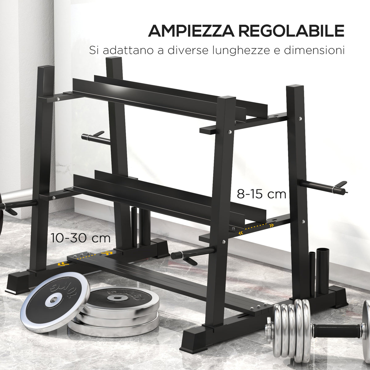 Rastrelliera per Manubri in Acciaio con 4 Aste Regolabili per Pesi e Kettlebell, 131x75x80 cm, Nero