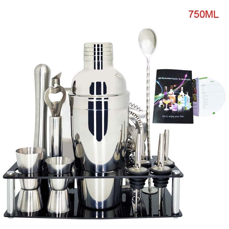 Shaker à cocktail en acier inoxydable avec support en bois pour fêtes à domicile et bars