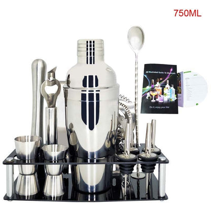 Shaker à cocktail en acier inoxydable avec support en bois pour fêtes à domicile et bars