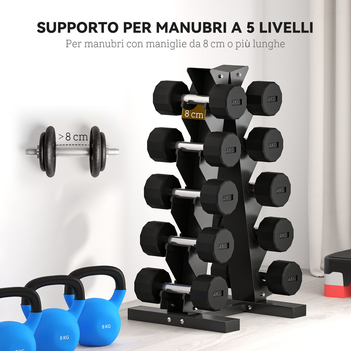 Rastrelliera per Manubri in Acciaio a 5 Livelli con Inserti in Plastica, 35x33x66 cm, Nera