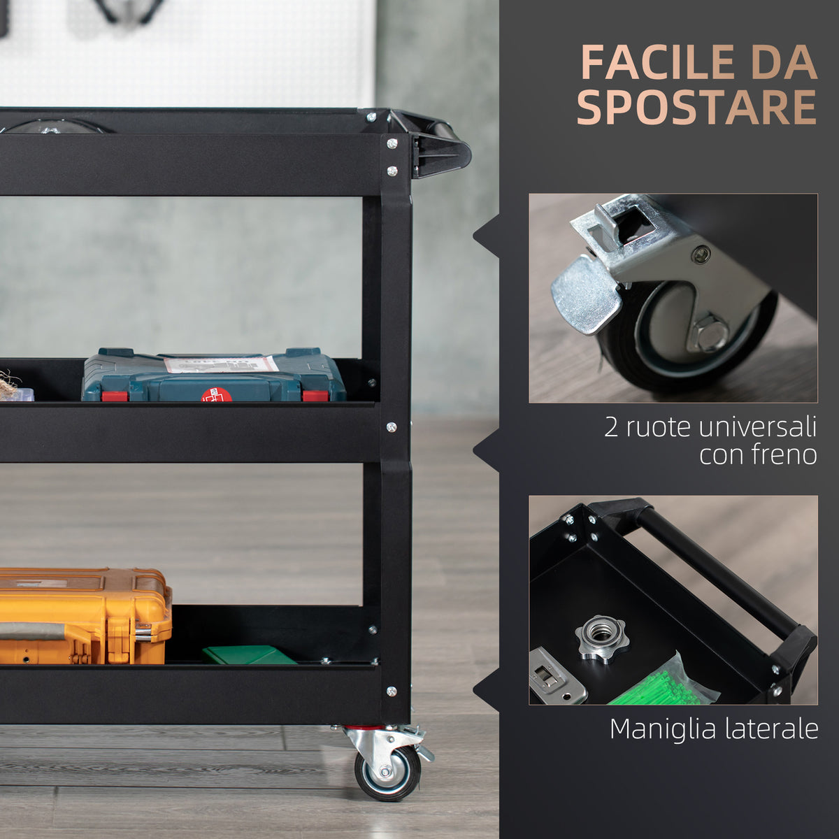Carrello Porta Attrezzi a 3 Livelli in Acciaio con Bordi Alti e 4 Ruote Girevoli, 83x35.3x76 cm, Nero