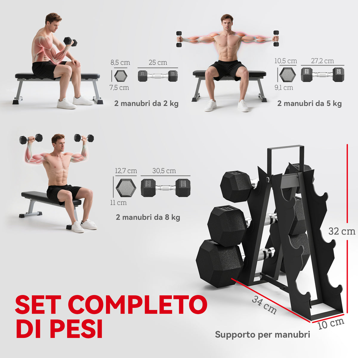 Set di Manubri Palestra con Supporto in Metallo e Impugnatura Antiscivolo, 2x2kg, 2x5kg, 2x8kg, Nero