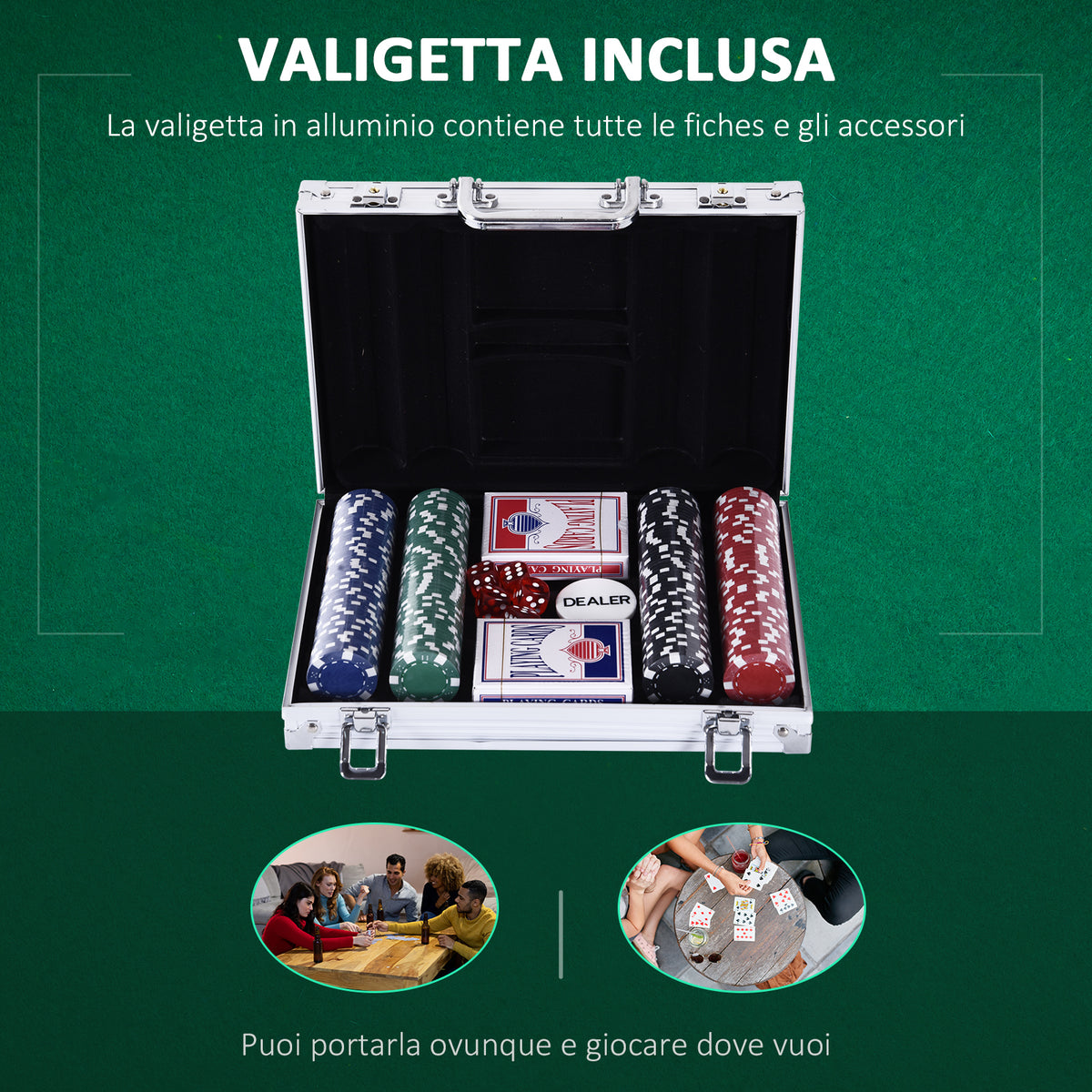 Valigetta Poker Professionale in Alluminio, Set Poker con 200 Fiches e 2 Mazzi per Texas hold&
