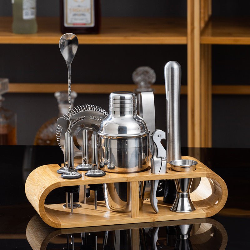 Shaker à cocktail en acier inoxydable avec support en bois pour fêtes à domicile et bars