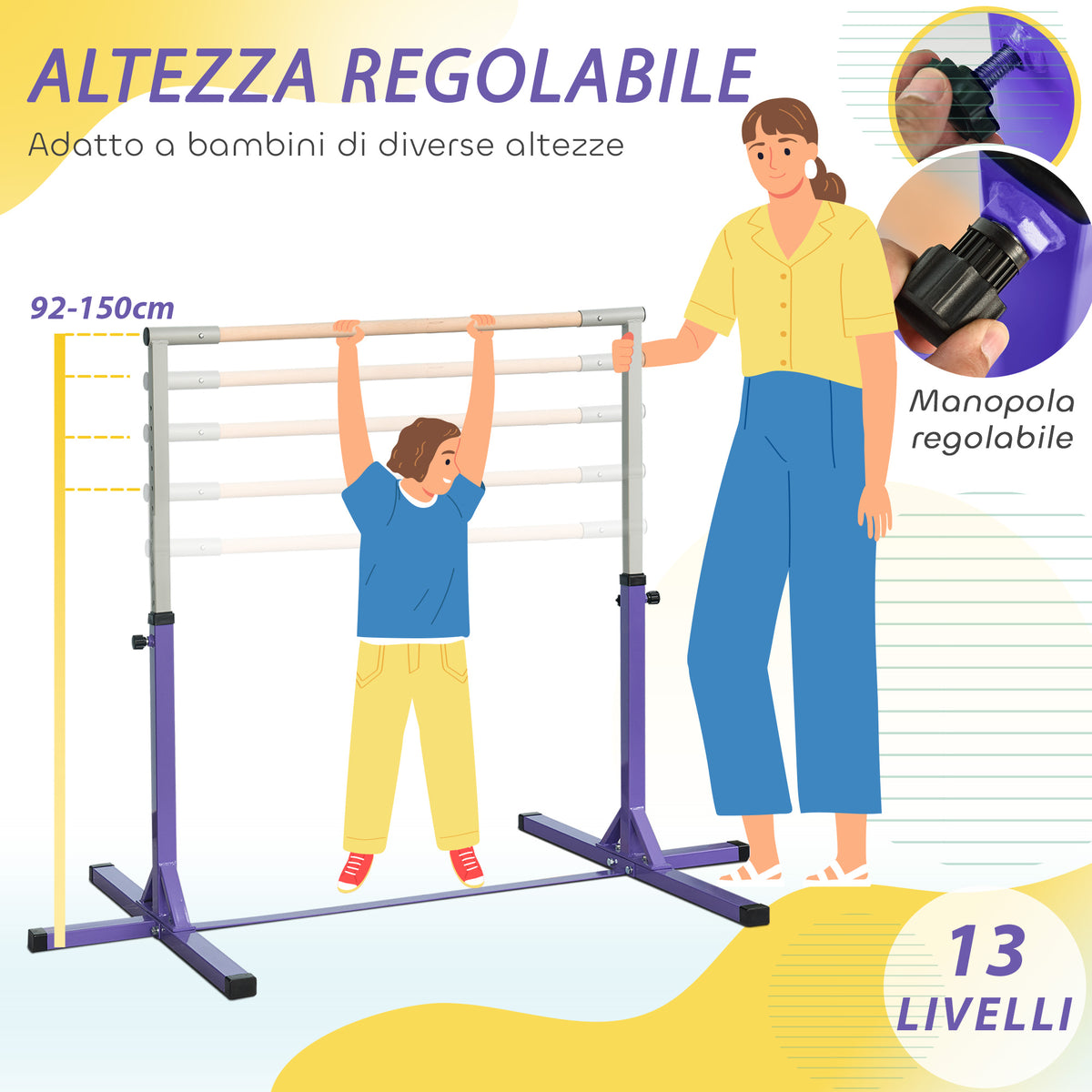 Barra da Ginnastica per Bambini 3+ Anni con Altezza Regolabile, in Acciaio e Legno Massello di Faggio, Viola