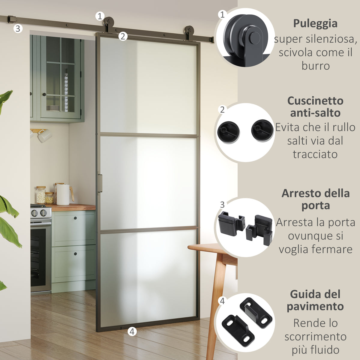 Kit Porta Scorrevole in Acciaio al Carbonio con Binari, Fermi e Guide, 200x40x0.6 cm, Nero