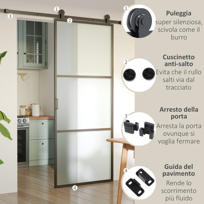 Kit Porta Scorrevole in Acciaio al Carbonio con Binari, Fermi e Guide, 200x40x0.6 cm, Nero