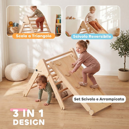 Gioco da Arrampicata con Triangolo e Pannello Scivolo ed Arrampicata, per Bambini 18-48 Mesi, Color Legno