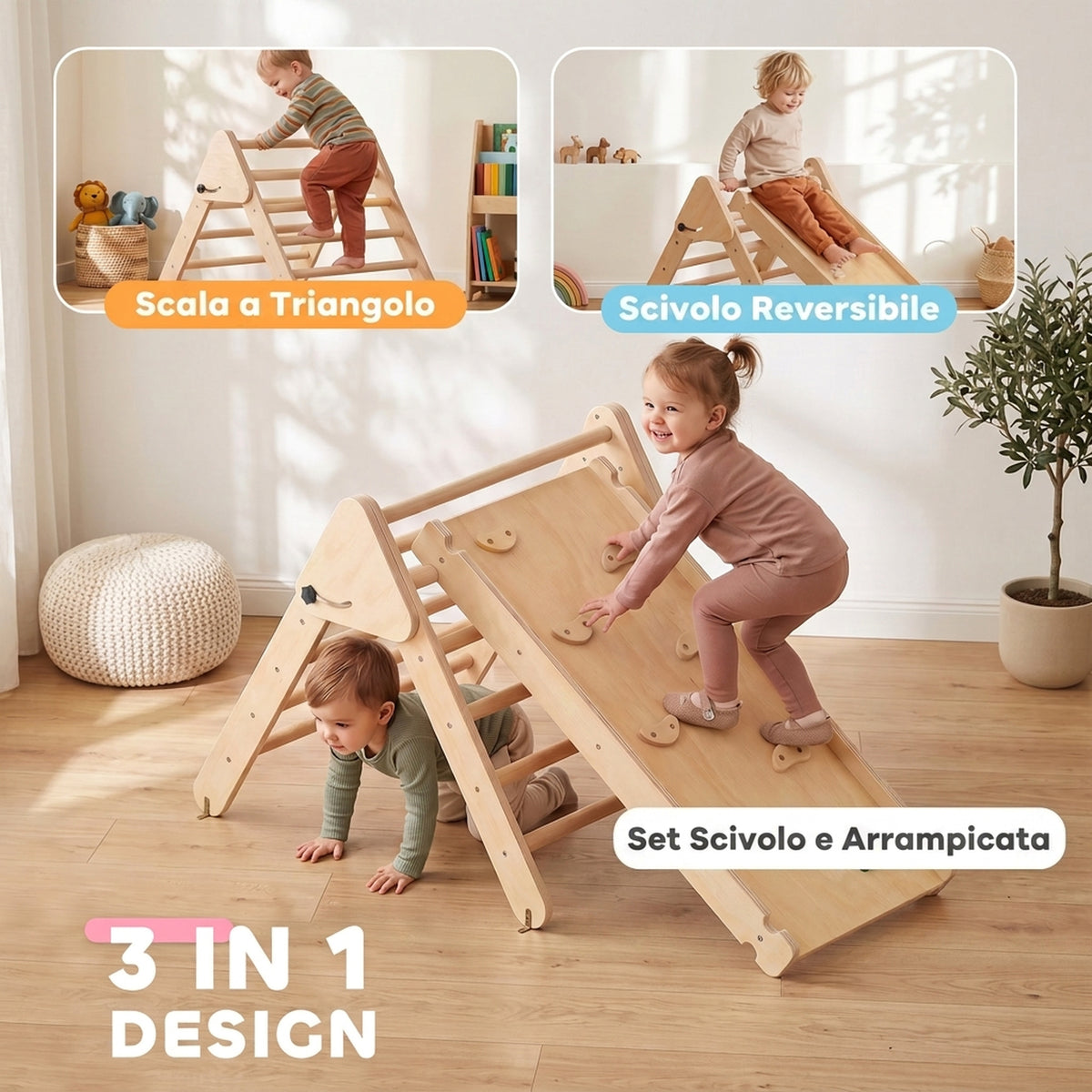 Gioco da Arrampicata con Triangolo e Pannello Scivolo ed Arrampicata, per Bambini 18-48 Mesi, Color Legno