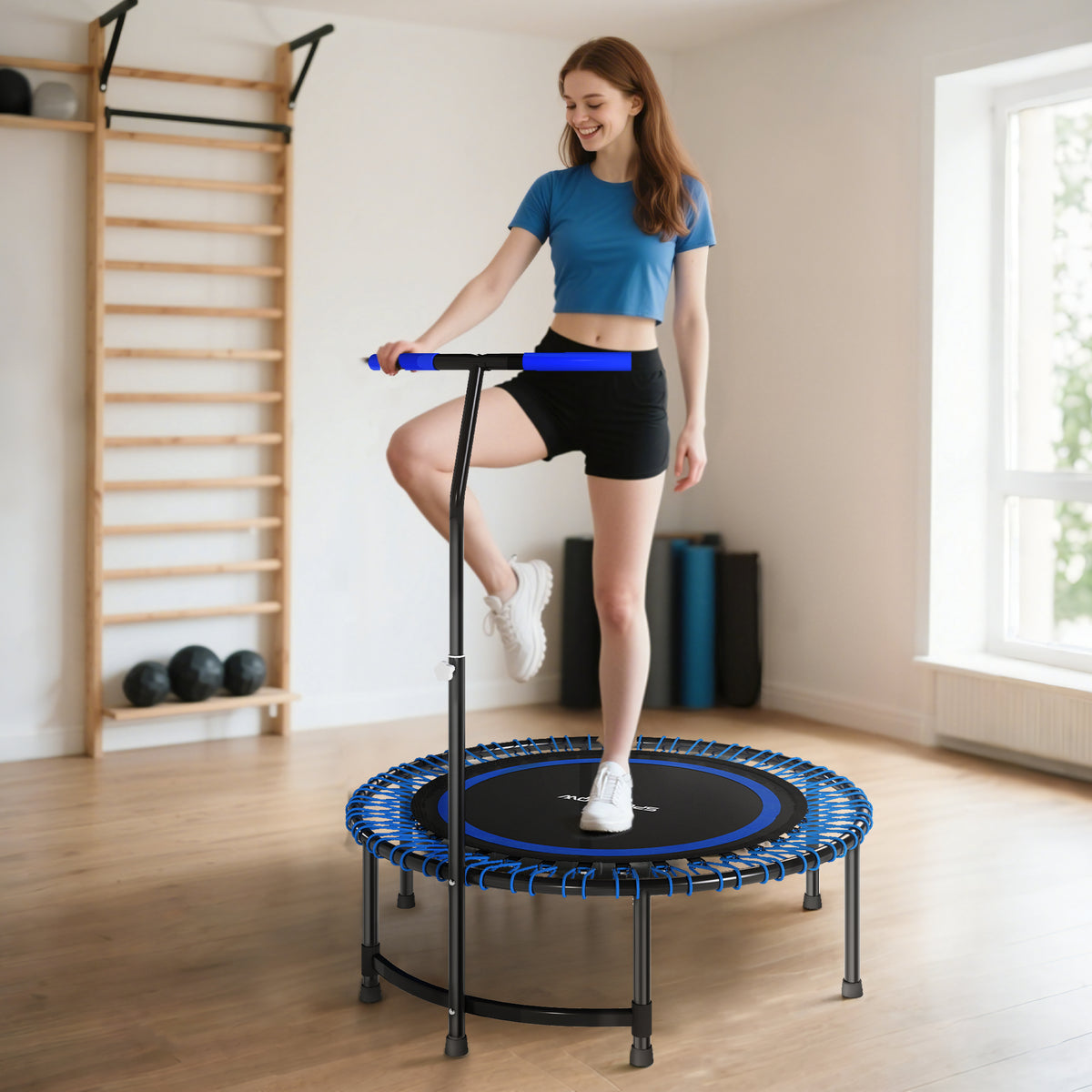Trampolino Fitness 145 cm con Manubrio Regolabile su 5 Posizioni, 36 Molle Bungee e Capacità 200 kg, Blu